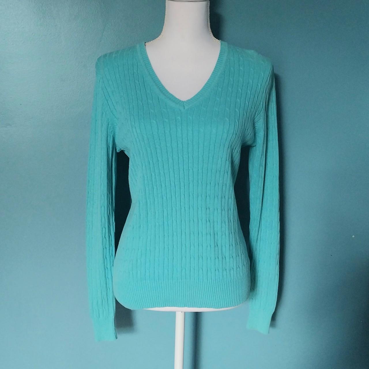 Turquoise cable knit v neck sweater No Depop