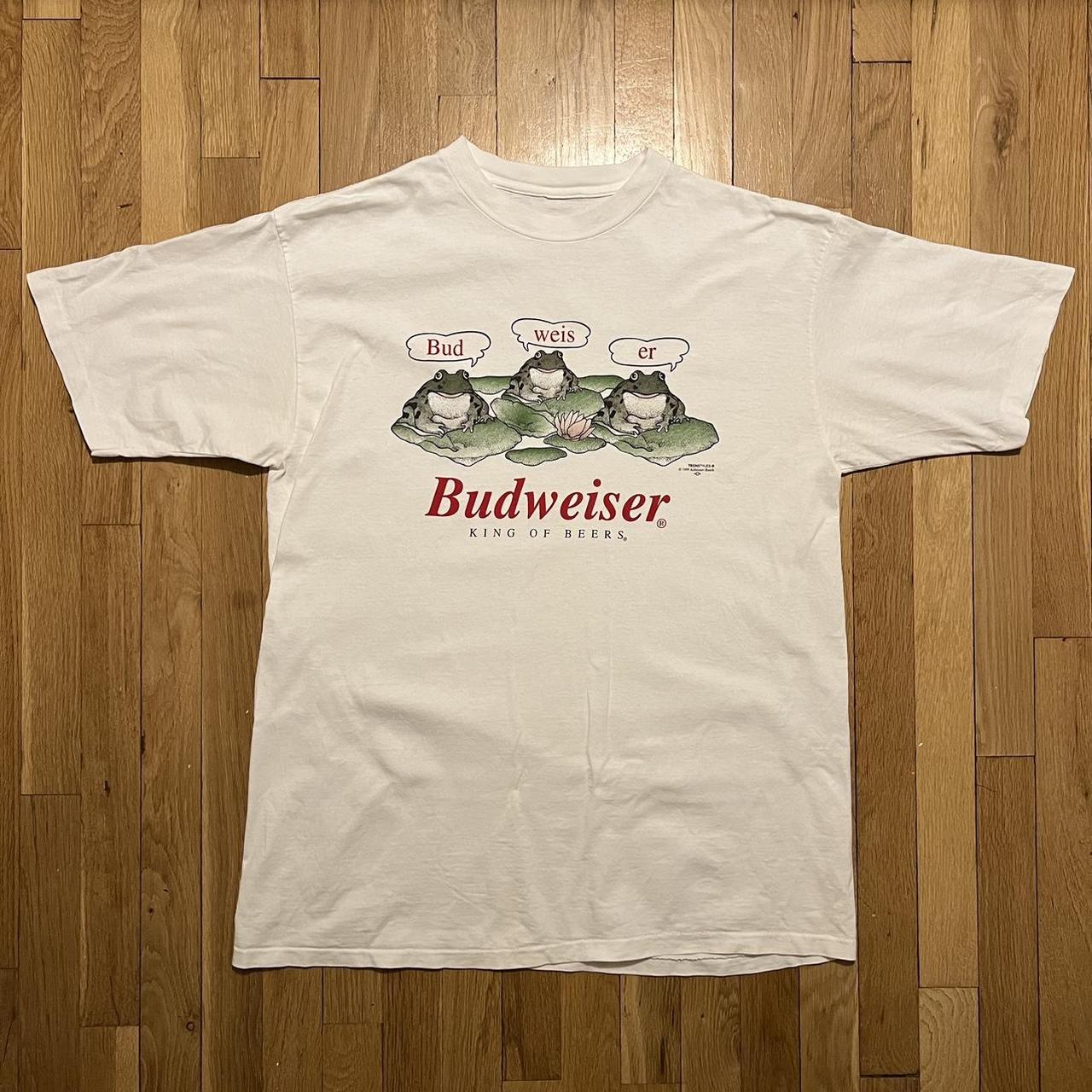 Vintage Men XL Budweiser Frog top Men Short White Single Stitch Double Sided