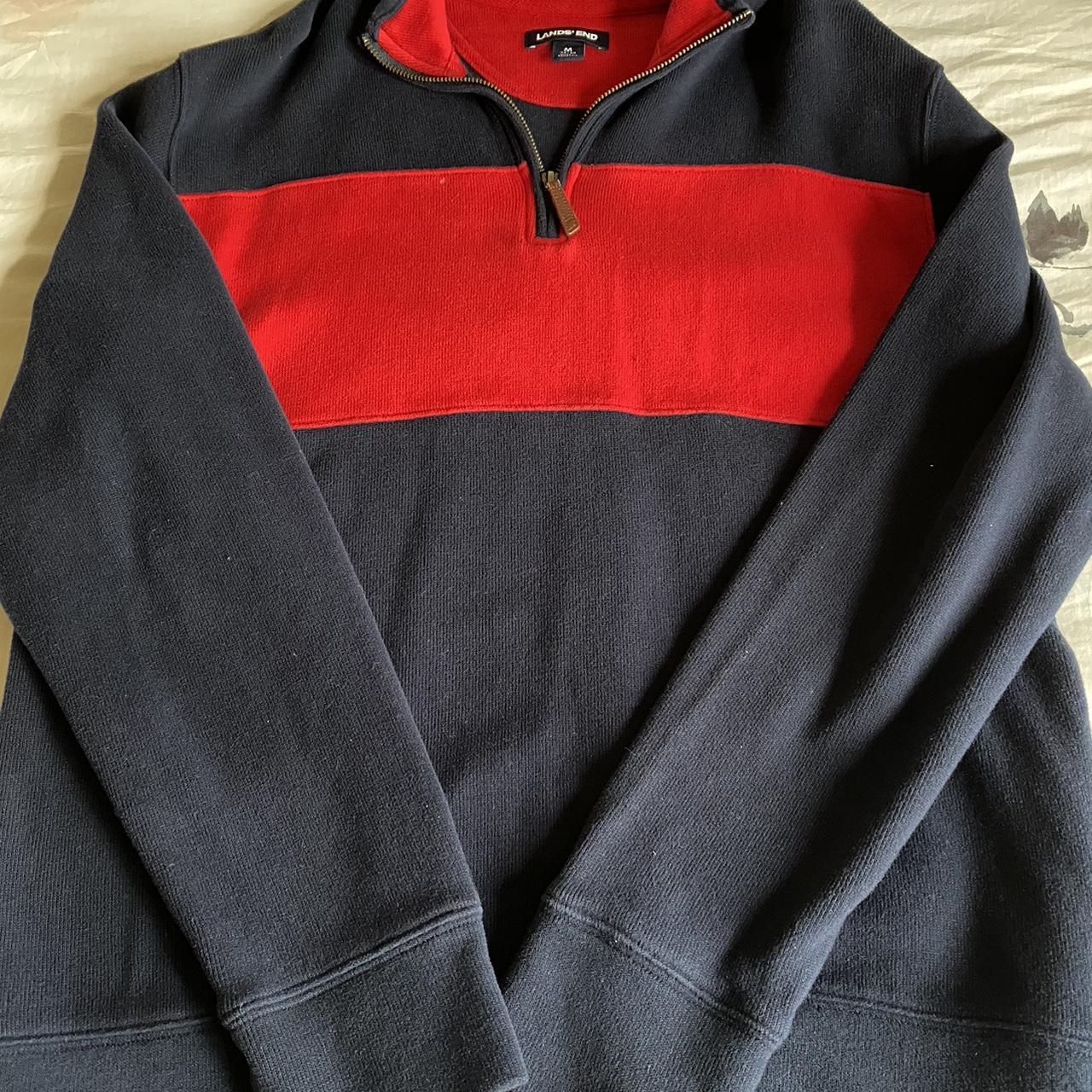 Lands' End Men's Red and Navy Sweatshirt | Depop