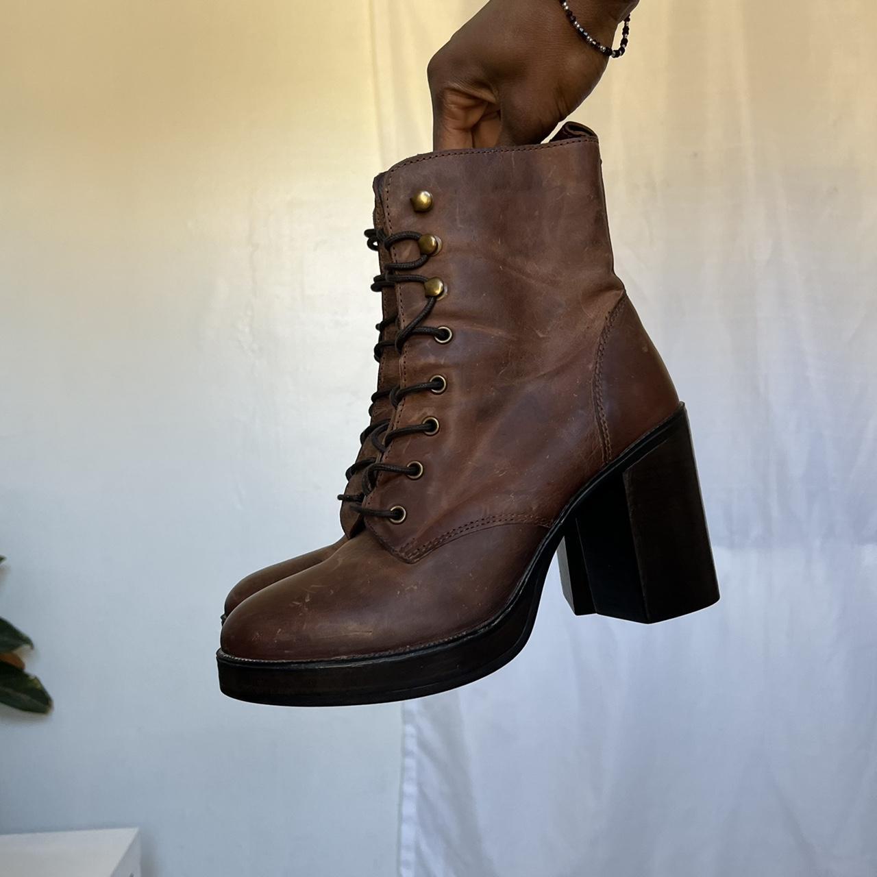 leather upper lace up block heeled boots Size:... - Depop