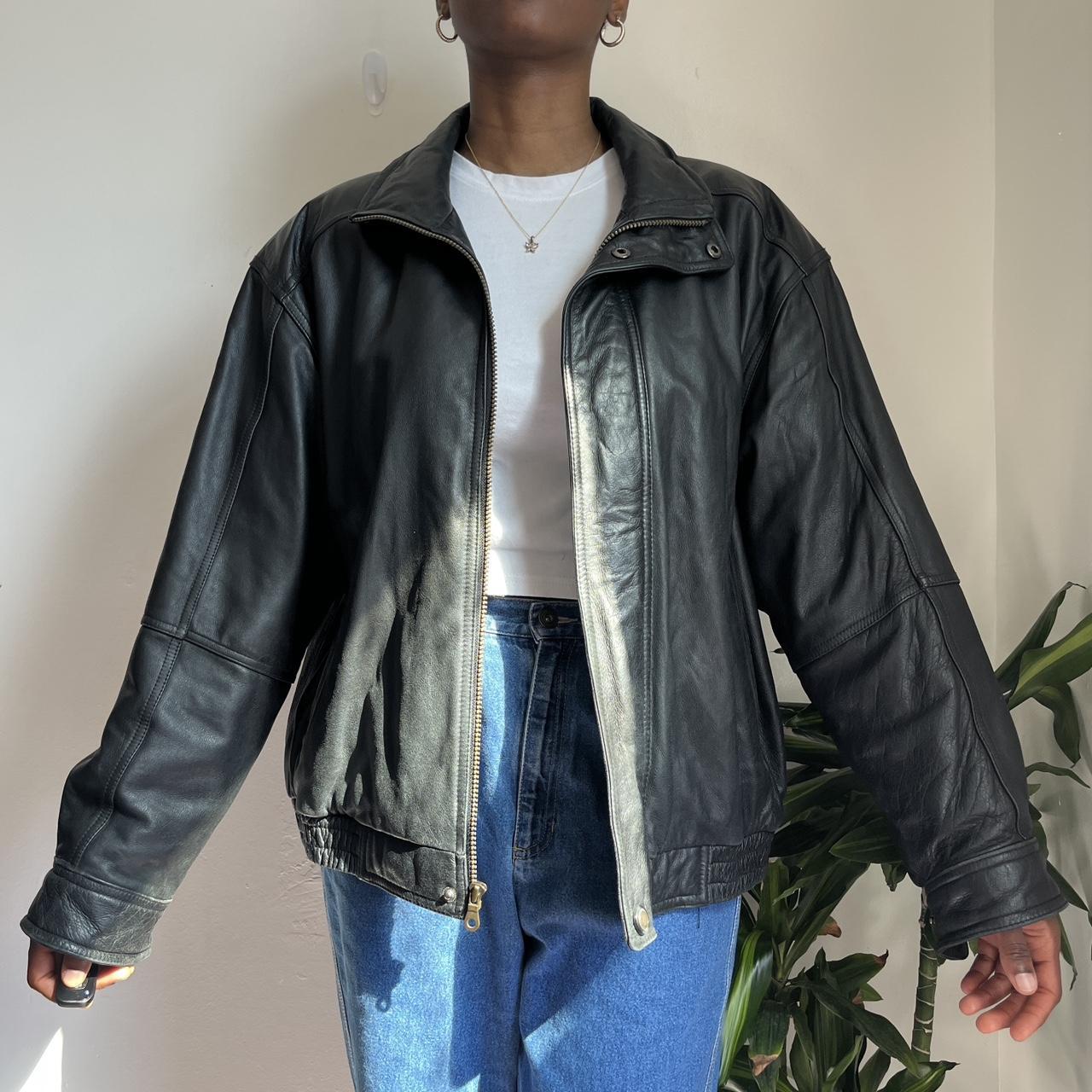 Vintage oversized Leather jacket in black Size:... - Depop