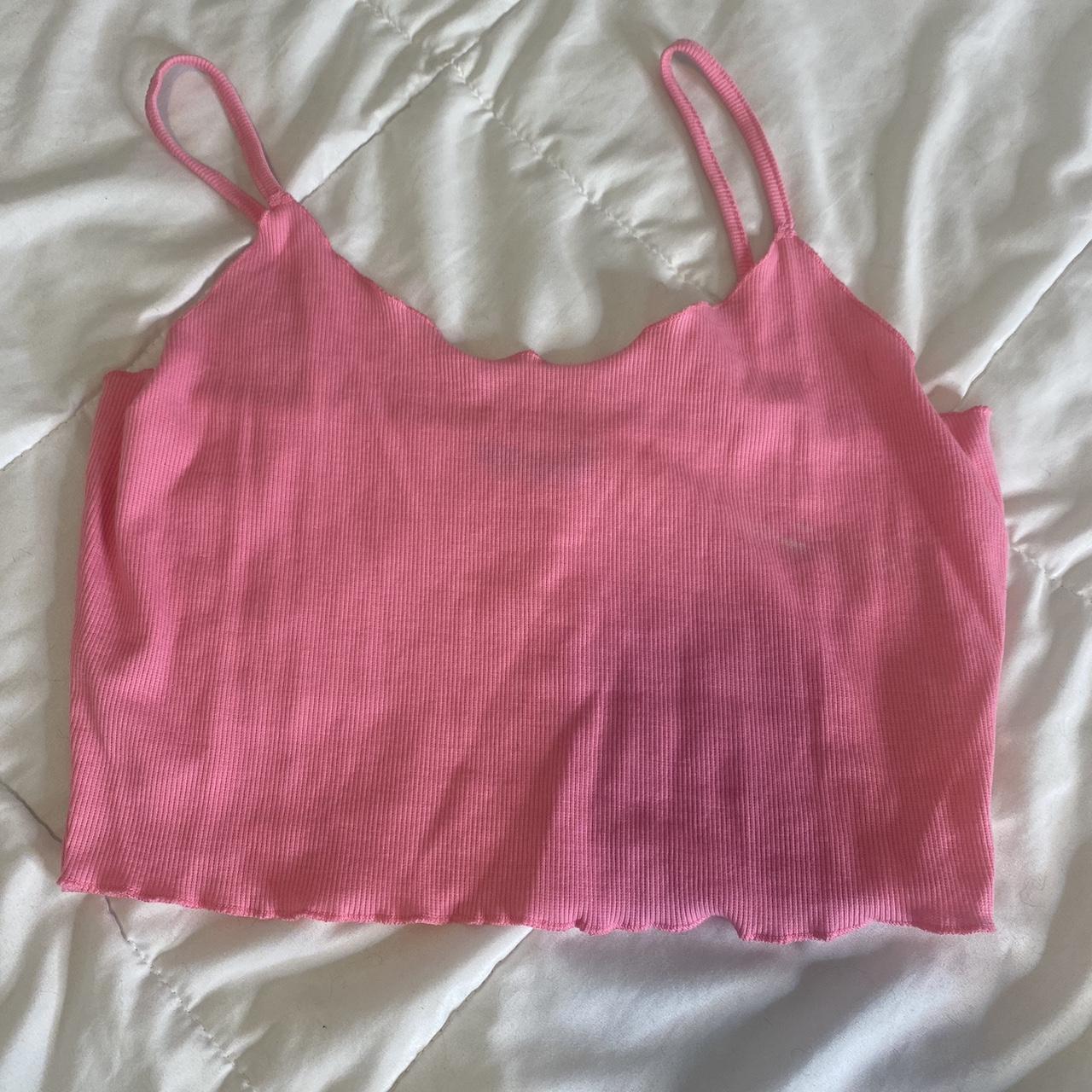 Cropped pink cami with spaghetti straps #croptop... - Depop