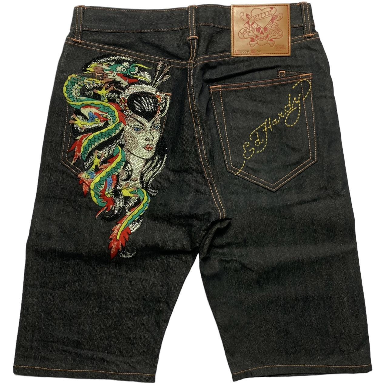 Ed Hardy Jorts Rare embroidered denim shorts , sick... - Depop