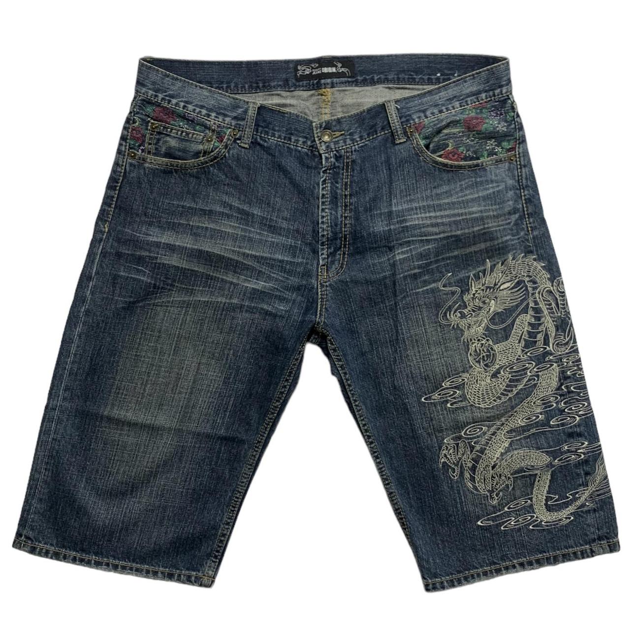 Japanese Embroidered Dragon Jorts Rare denim shorts... - Depop