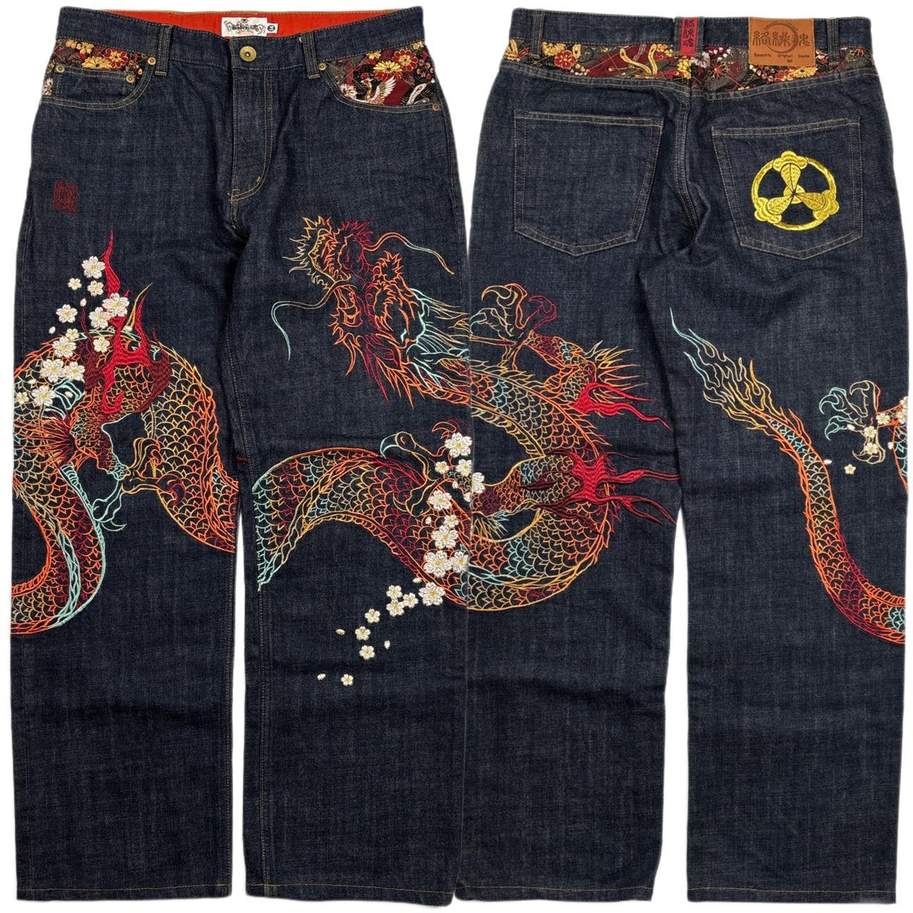 Karakuri Jeans Rare embroidered dragon denim Waist... - Depop