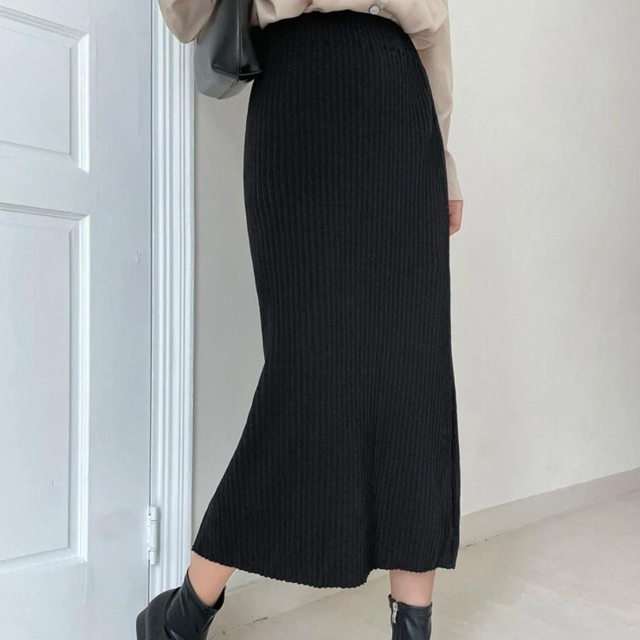 Black ribbed knit midi skirt with slit up the back,... - Depop