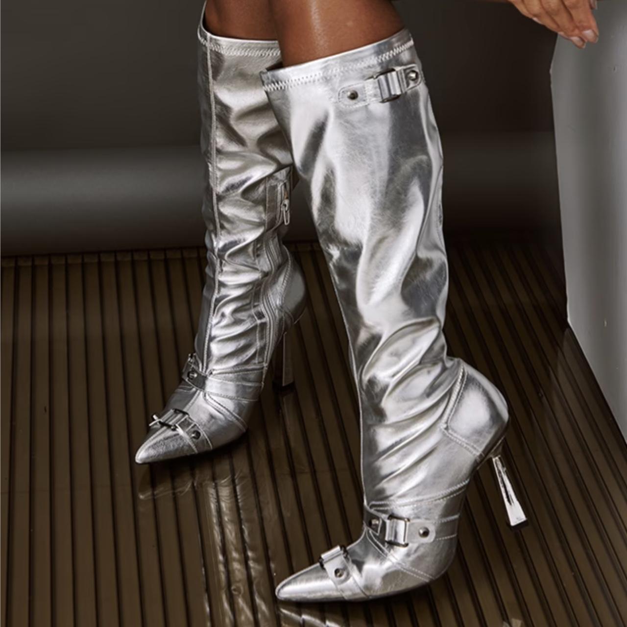 Metallic silver knee hot sale high boots