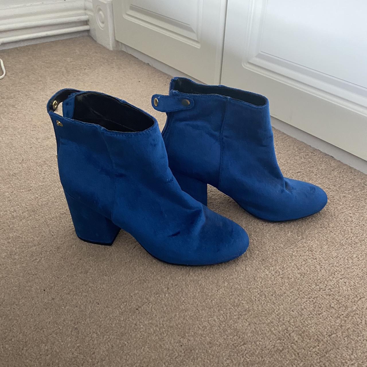 Electric blue velvet look heeled ankle boots with... Depop