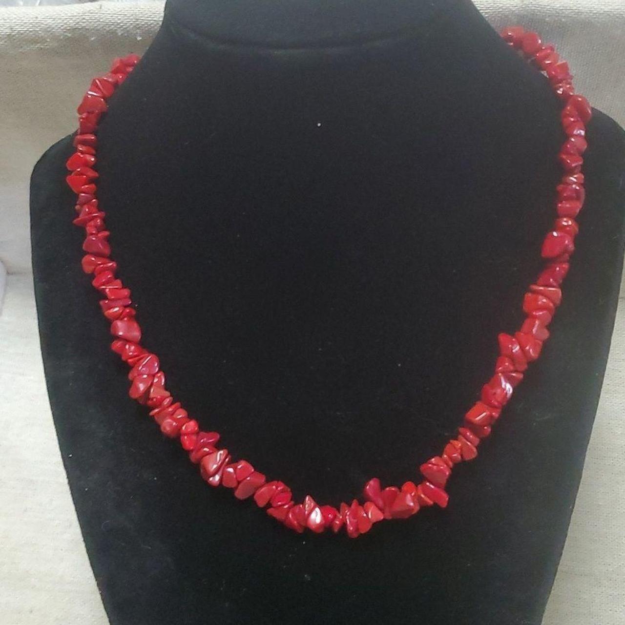 Vintage necklace with natural red coral stones. - Depop