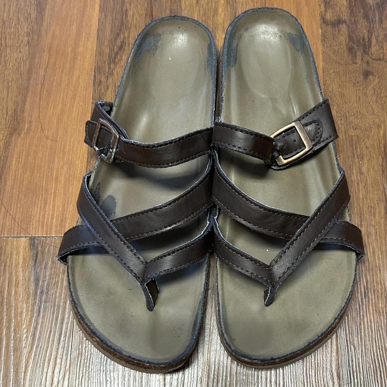 dark brown sandals size: 7/7.5 some tears as... - Depop
