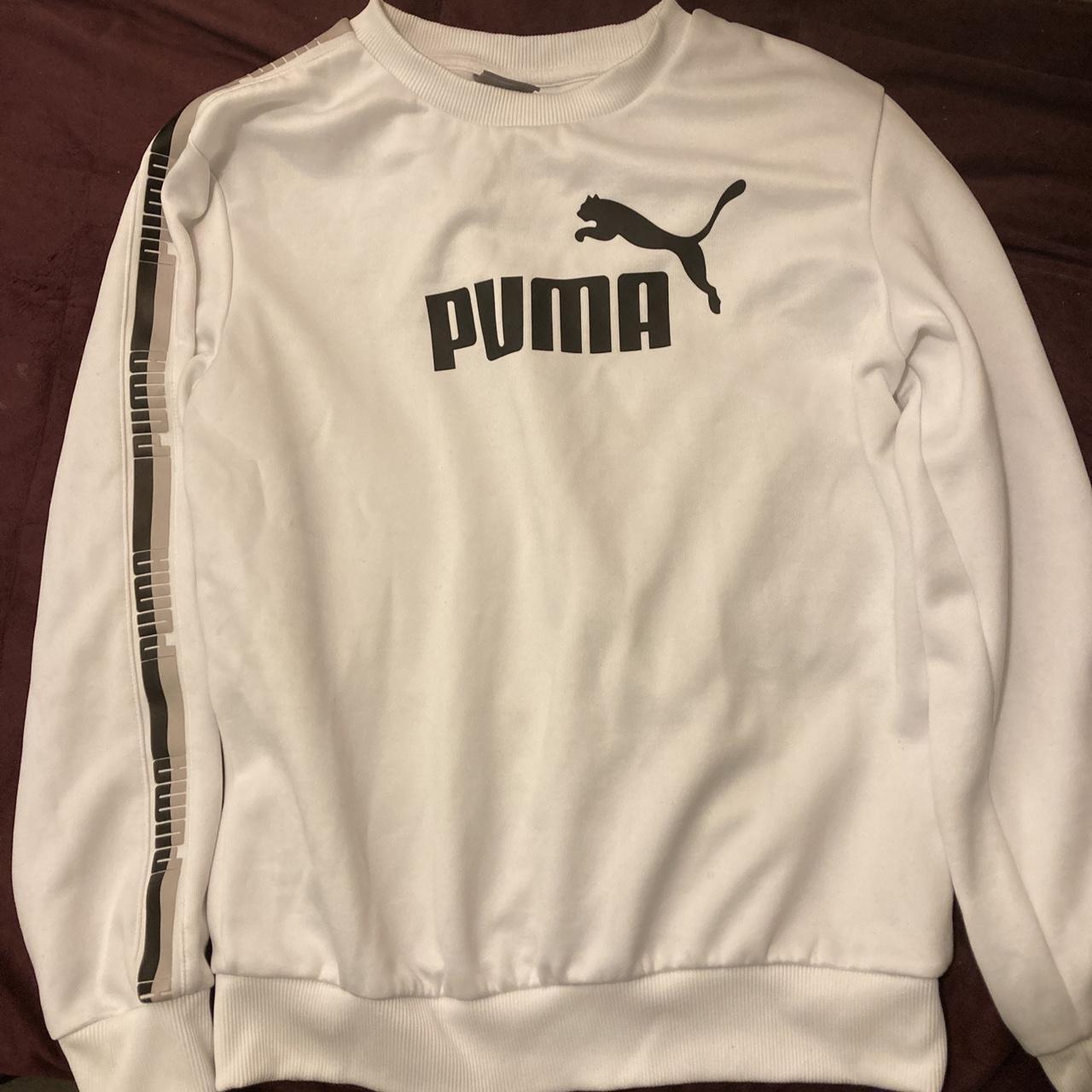White Puma Poly Crew Neck Long Sleeved Pullover... - Depop