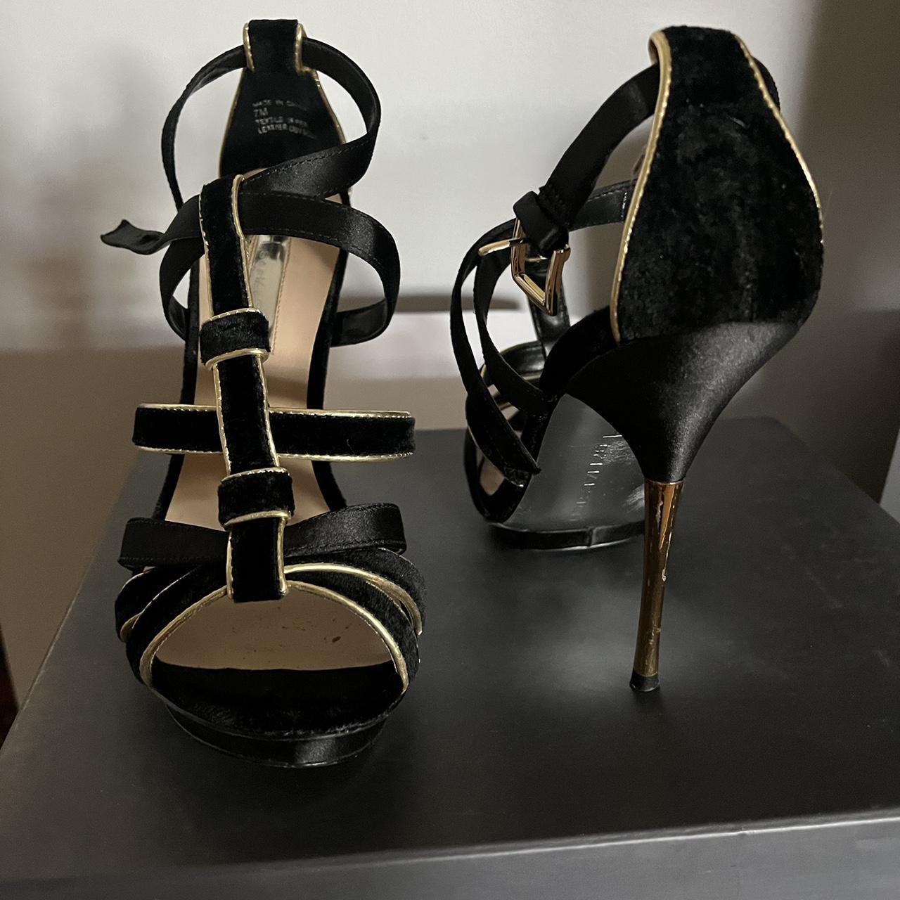 H by Halston Women's Black and Gold Sandals | Depop