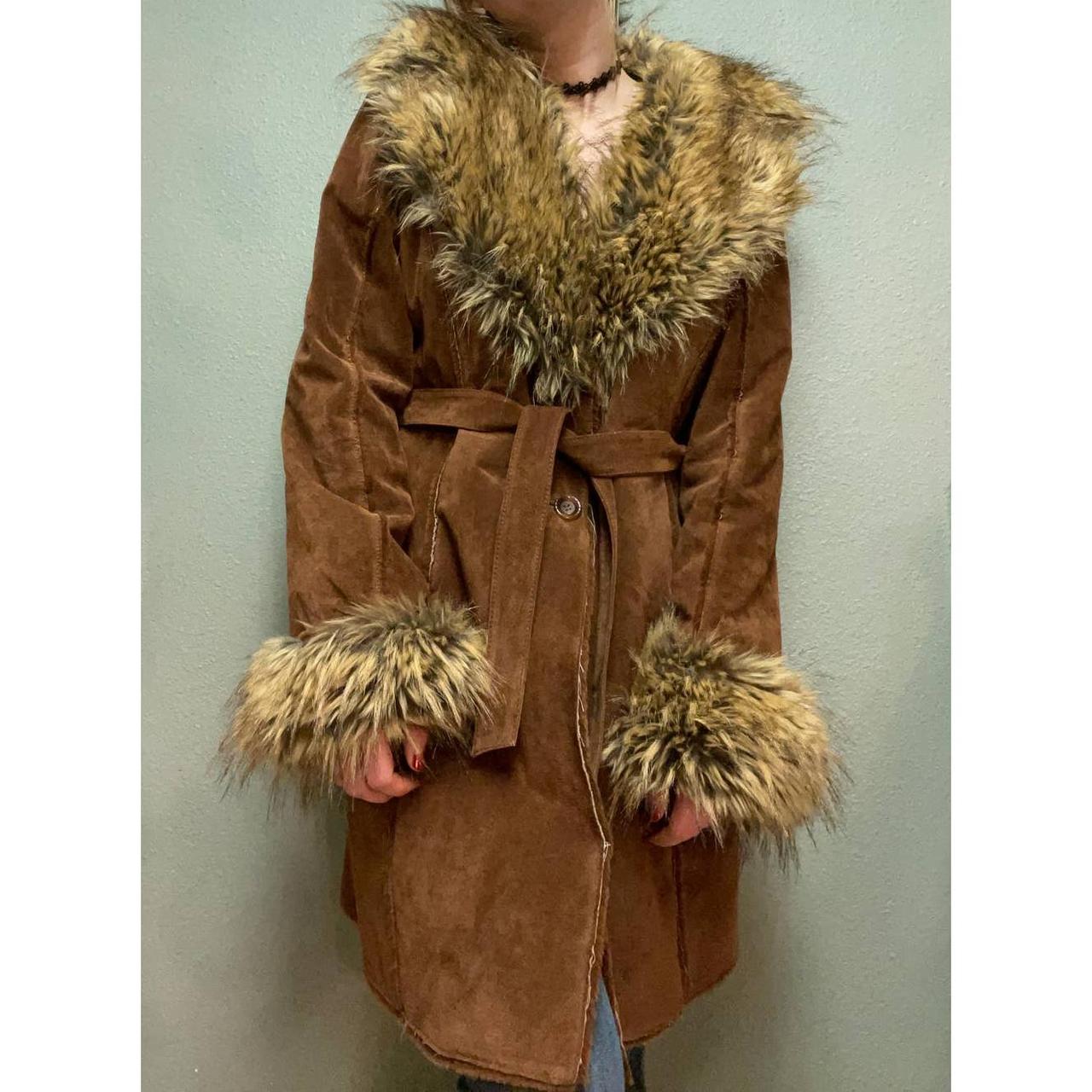 Vintage y2k brown suede faux fur... - Depop