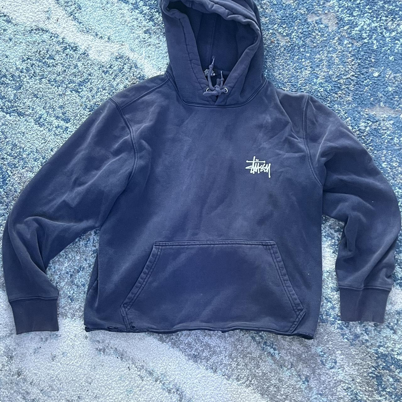 Vintage navy stussy hoodie. size S. The hem was cut... - Depop