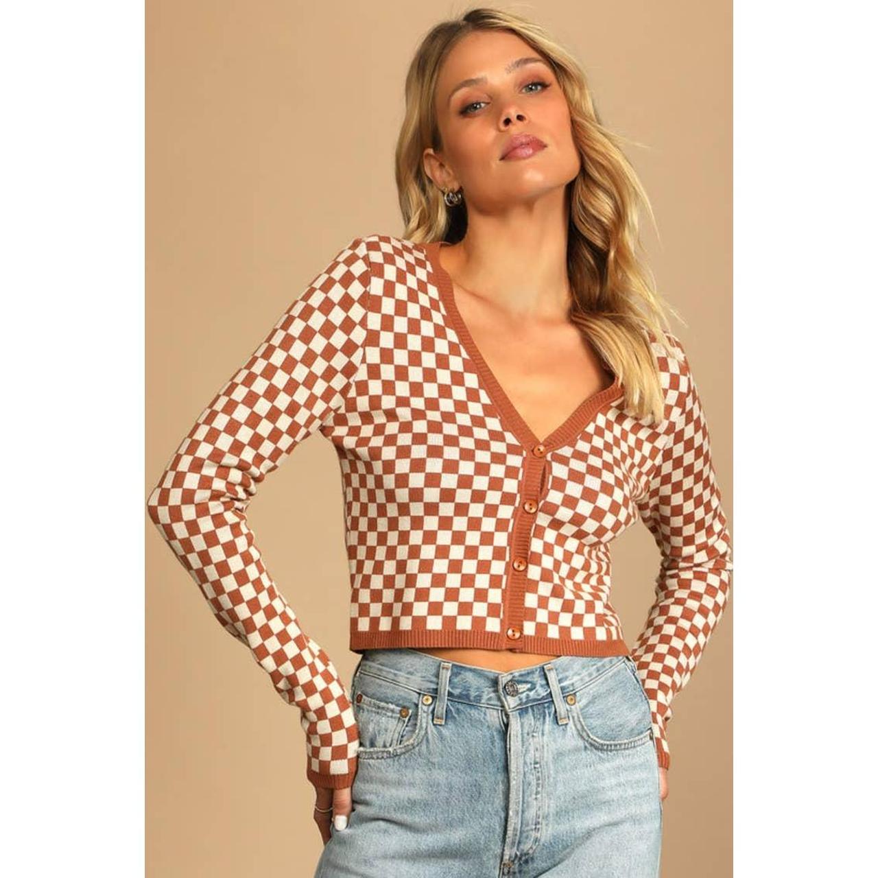 Lulus style course brown checkered button up Depop Lulus style course brown checkered button up Depop