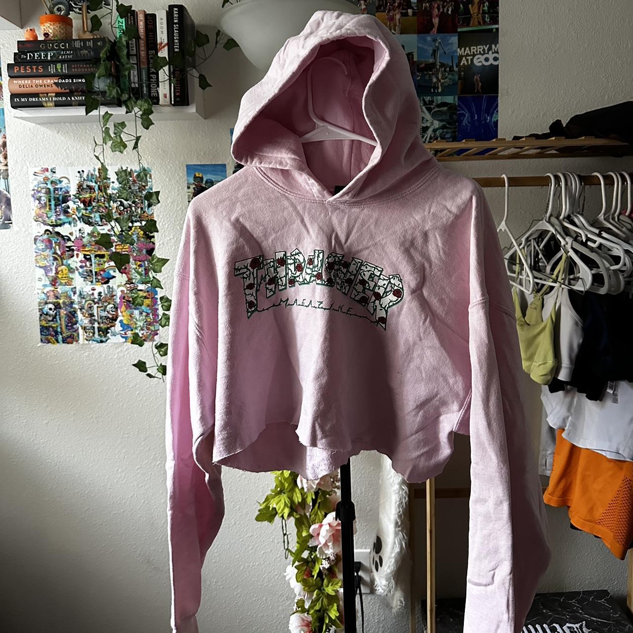 Thrasher cropped pink and black hoodie with rose. Depop