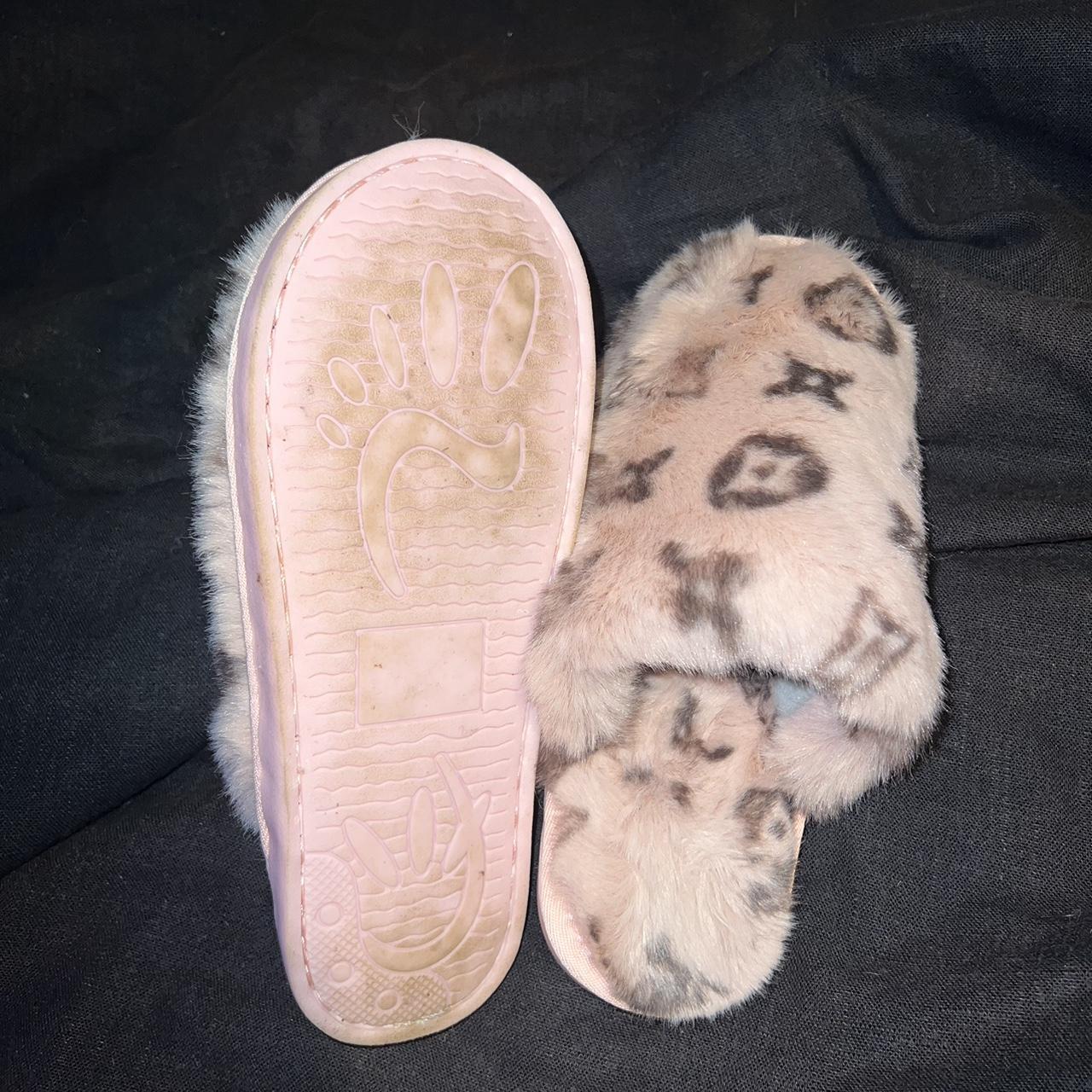 pink lv furry slippers, worn once excellent - Depop