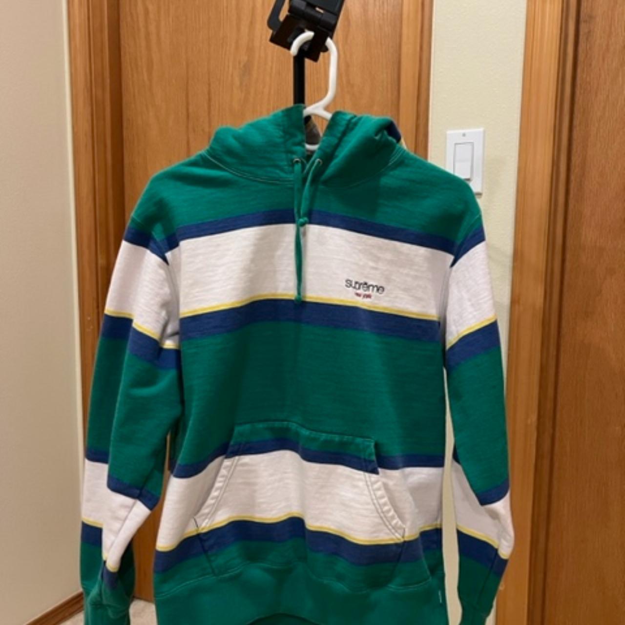 Green/ blue striped supreme hoodie. Signs of wear- - Depop