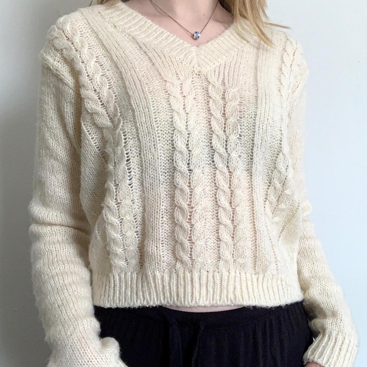 Brandy Melville Cable Knit Fuzzy Cream Sweater... - Depop