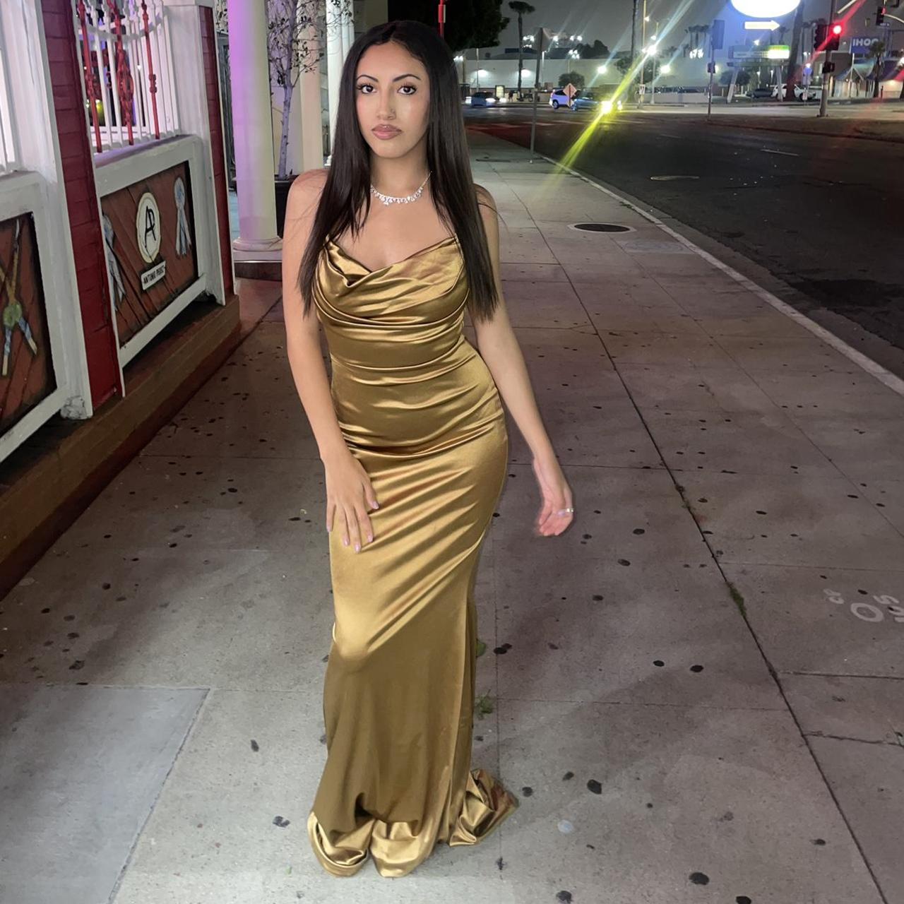 Long Satin Gold Dress - Size Xs ( fits like small... - Depop