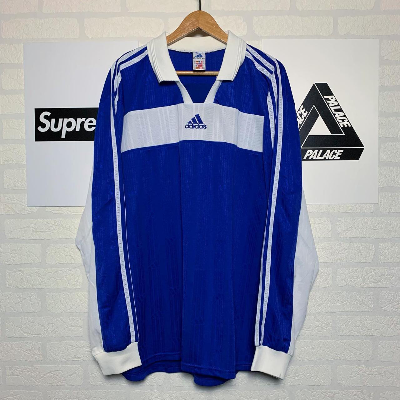 Soccer jersey basic central logo blue vintage Adidas... - Depop