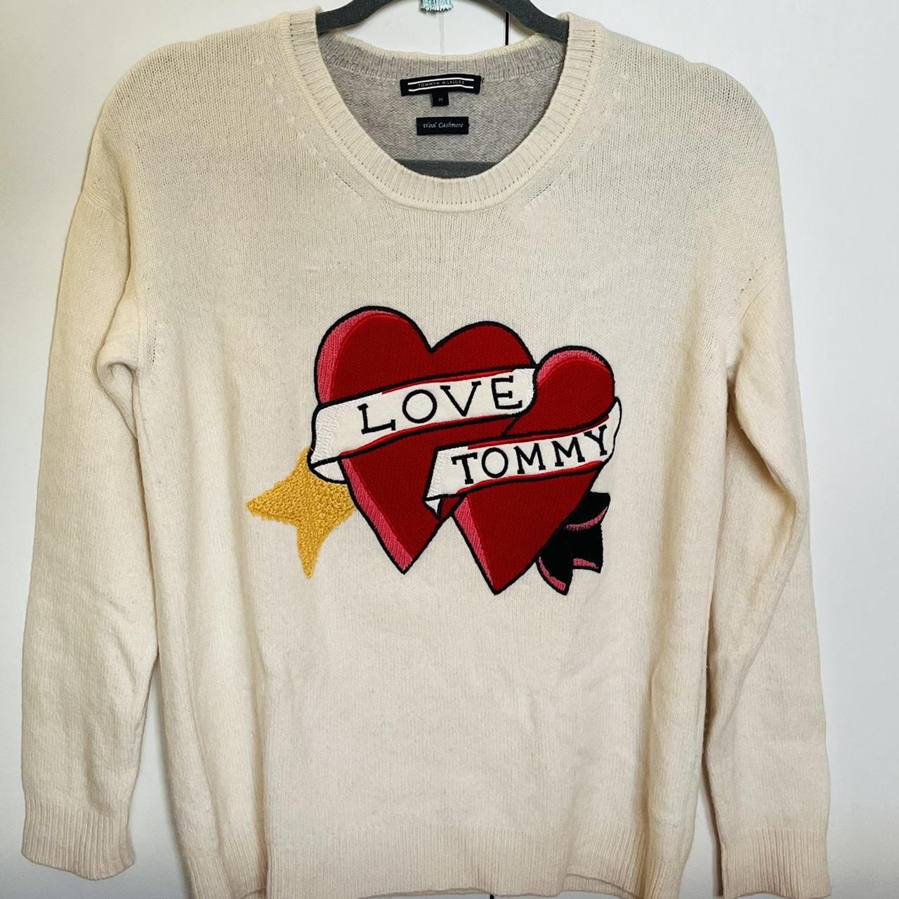 Tommy Hilfiger cream jumper with red heart Depop