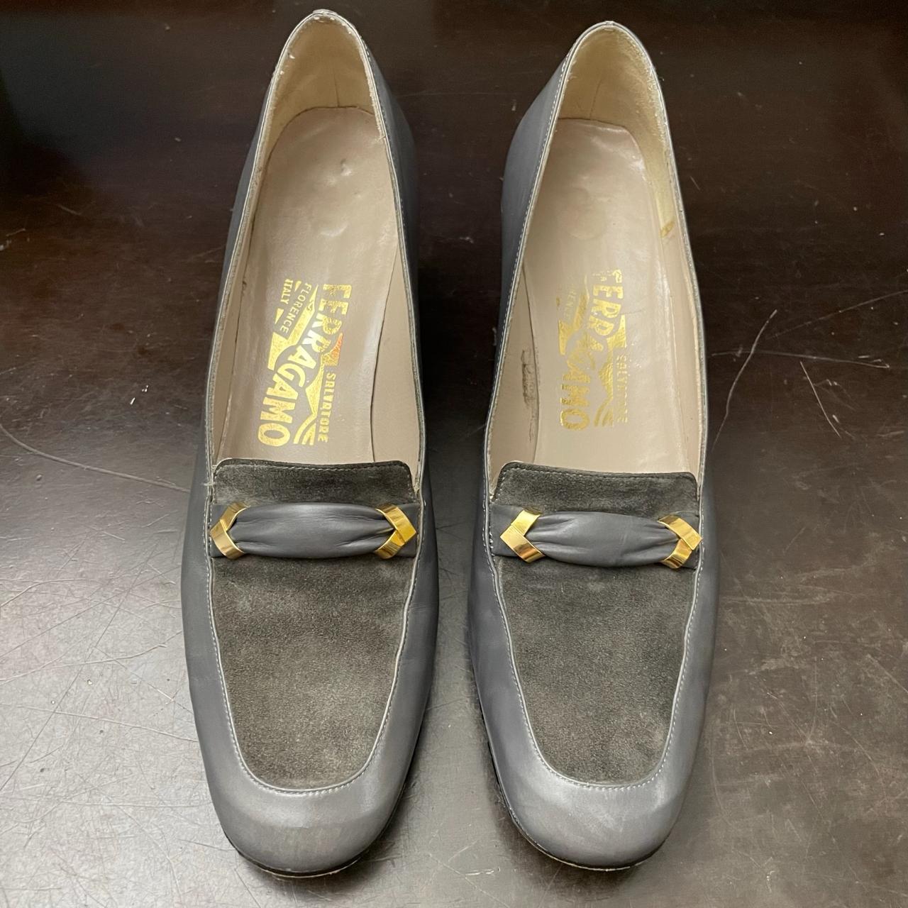 Gray Ferragamo block heels with gold hardware US... Depop