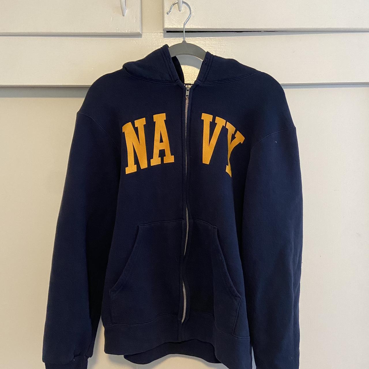 - vintage navy spellout zip up hoodie - nice... - Depop