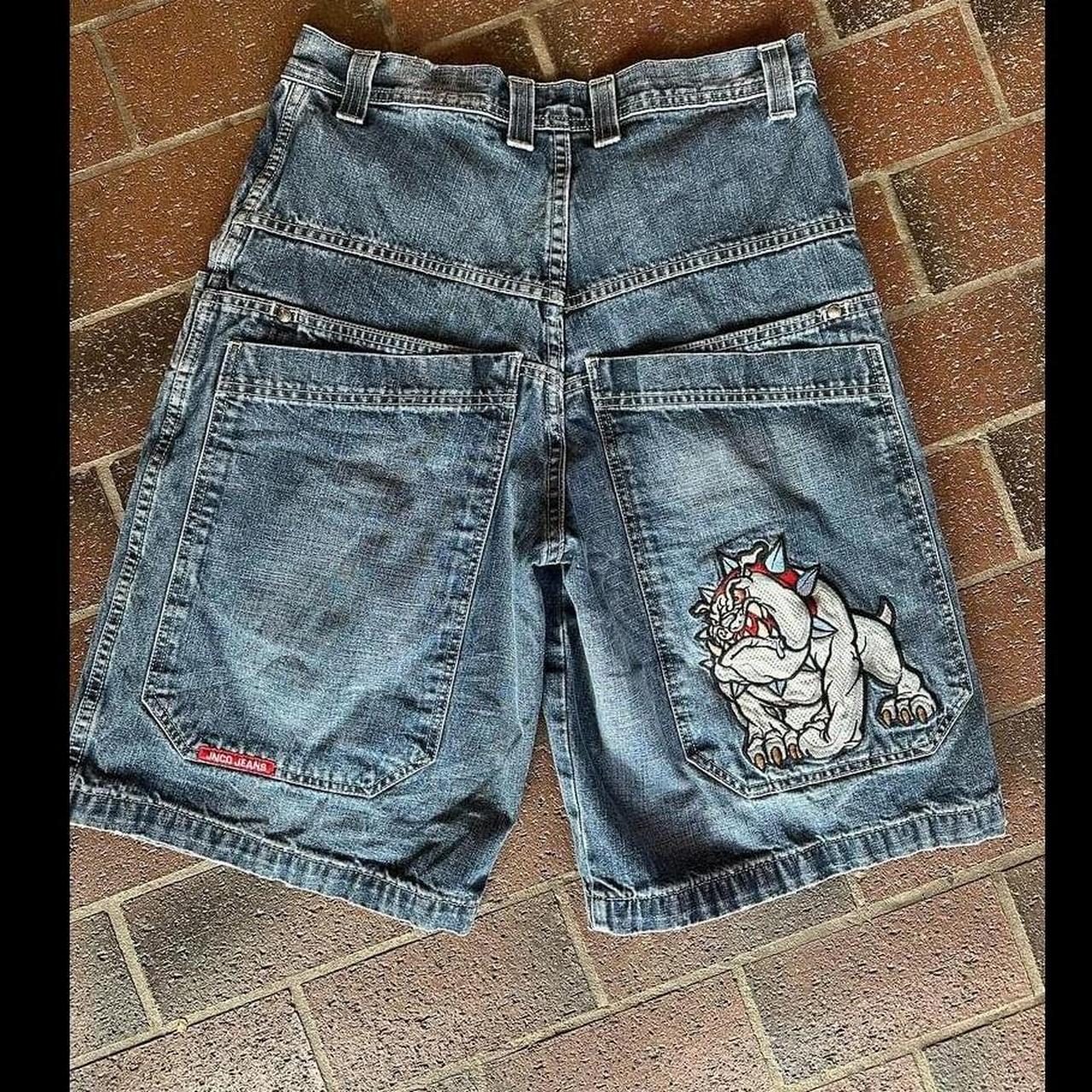 90s jnco Jean shorts, Bulldog Patch size 32 men's. - Depop