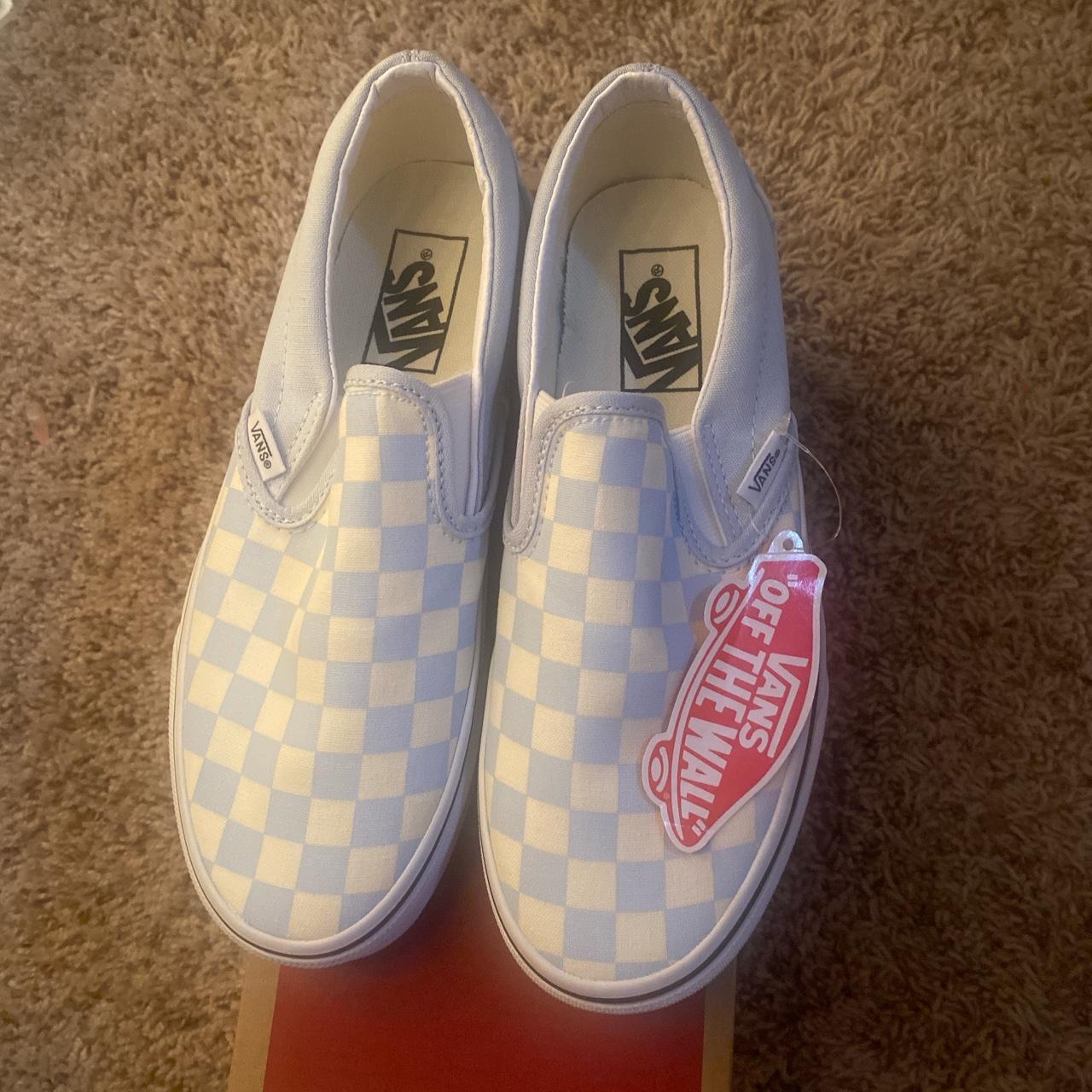 light blue checkered slip on vans women’s size... - Depop