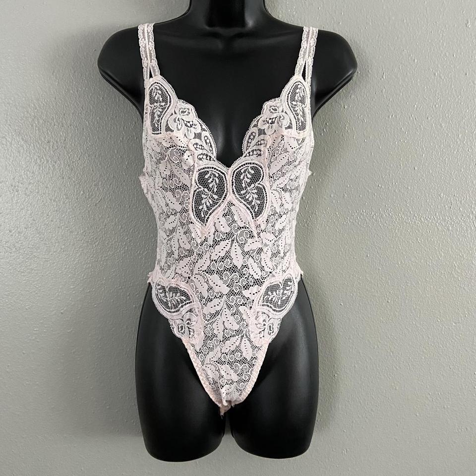 Vintage OLGA Light Pink Sheer Lace Bodysuit Teddy - Depop