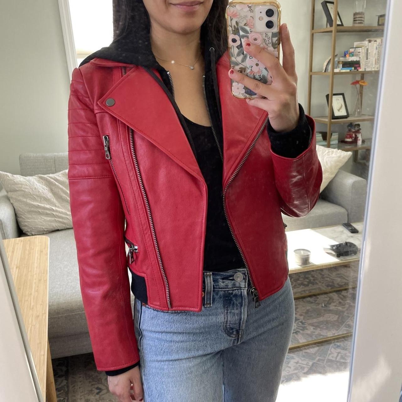 Alice + Olivia Red Leather Moto Jacket with Attached... - Depop