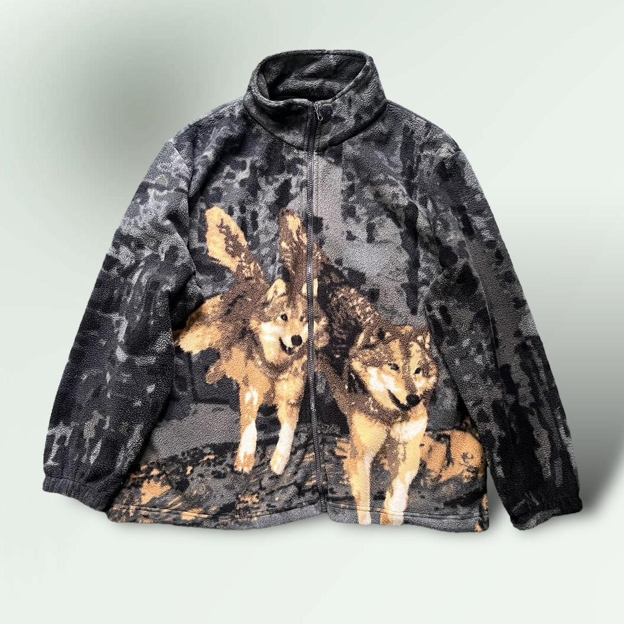 Vintage animal print zip up fleece jacket wolves Depop