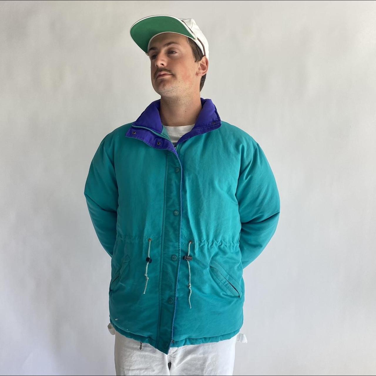 Vintage 80s Cabelas Puffer Jacket, teal with purple... - Depop