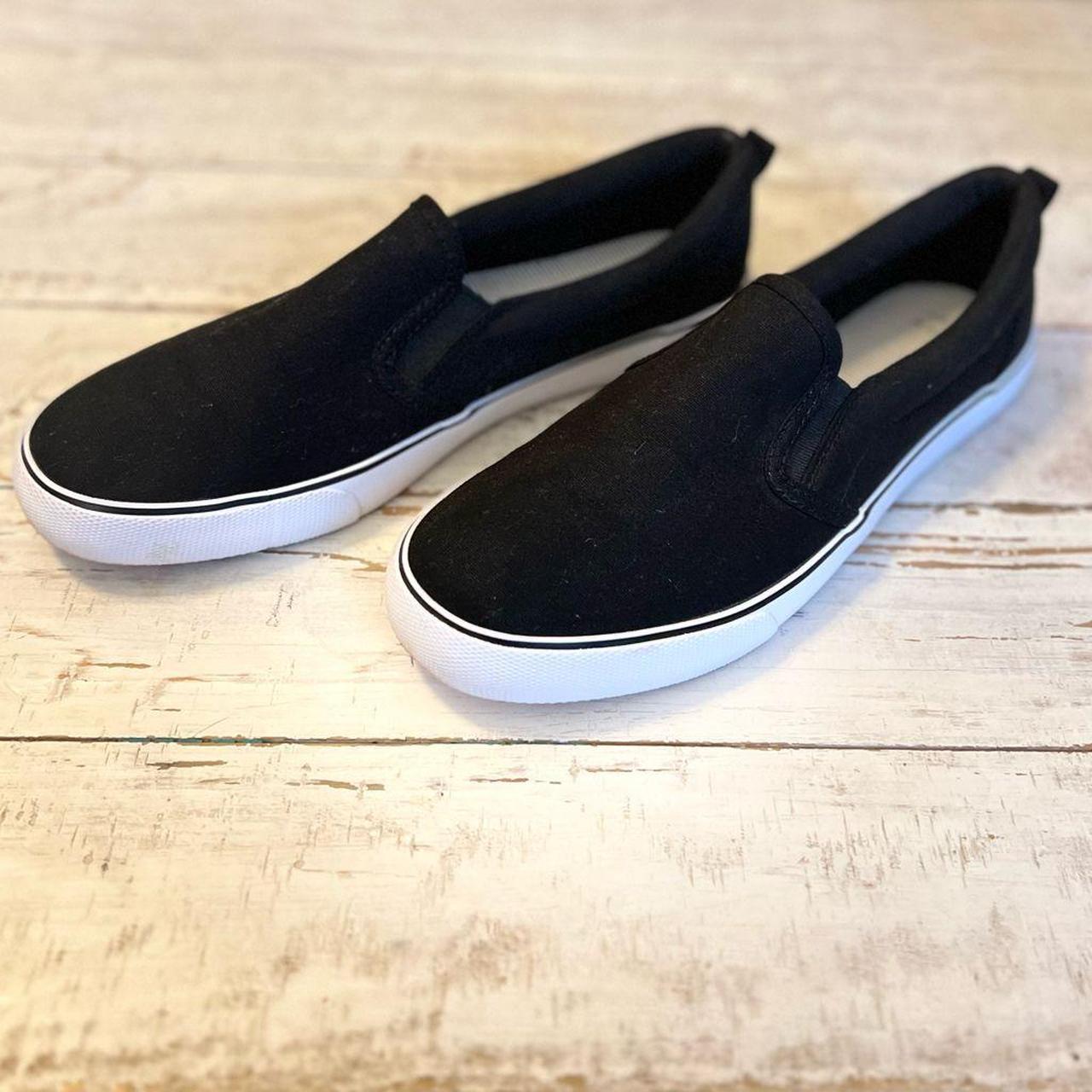 A New Day Black slip ons/white sole Size 10 Worn... - Depop