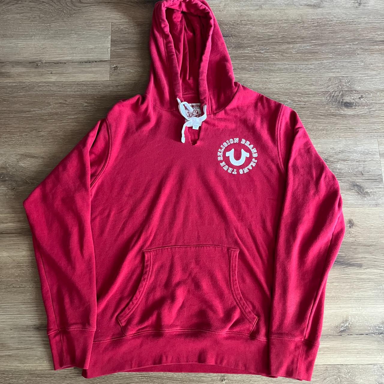 red true religion hoodie size XL only flaw is the... - Depop