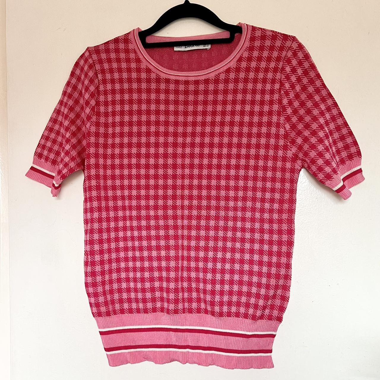 ZARA PINK GINGHAM SHORT SLEEVE KNITTED TOP SIZE... Depop
