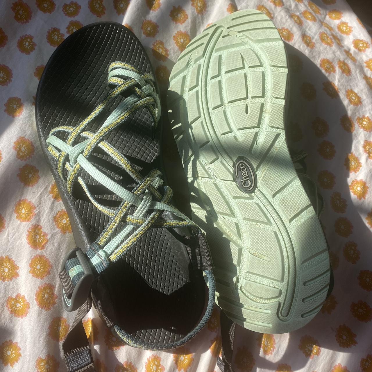 blue and green chacos