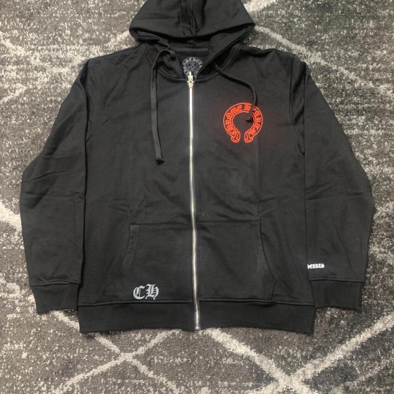 Chrome Hearts Red/Black Horeshoe Cross Zip Up Hoodie... - Depop