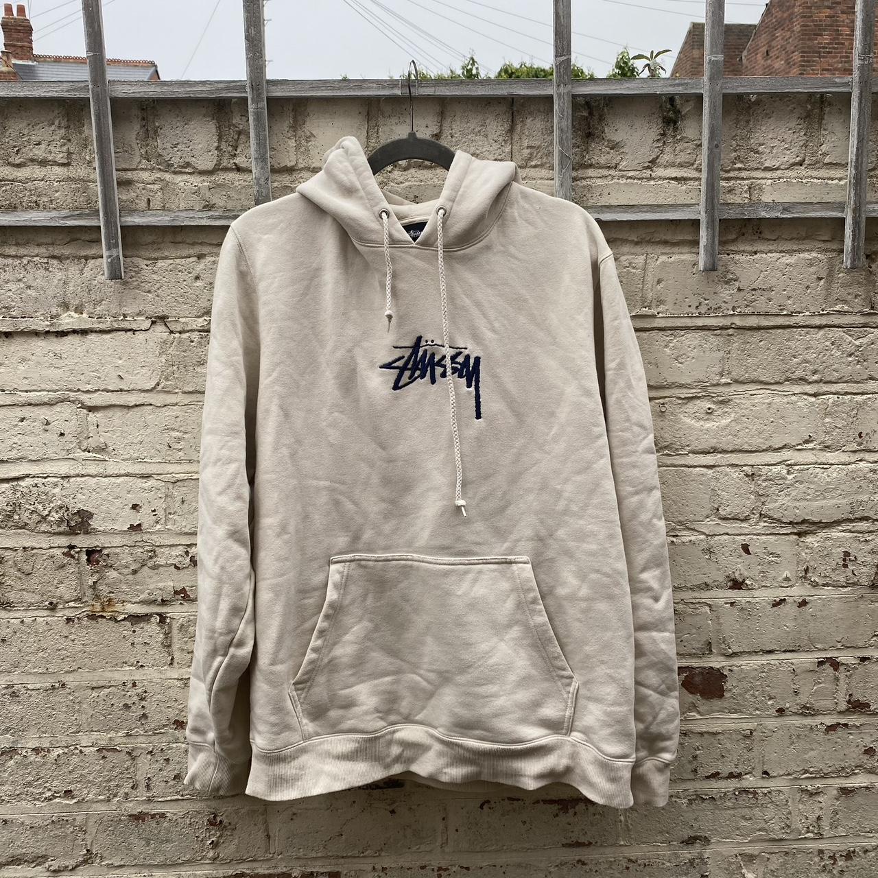 Cream Stussy hoodie • Navy embroidered logo • Size... Depop