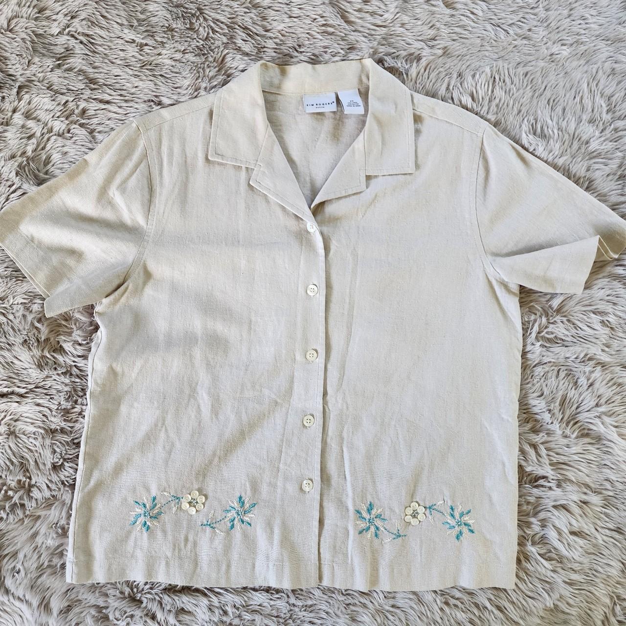 Cream linen button down with embroidered... - Depop