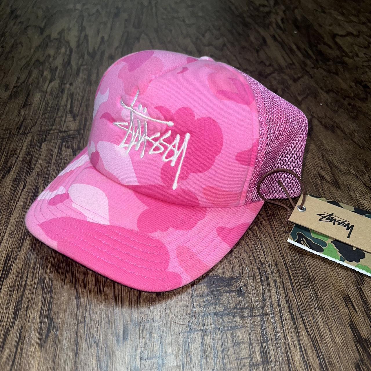 BAPE X STÜSSY pink camo trucker hat Lightly warn. | Depop
