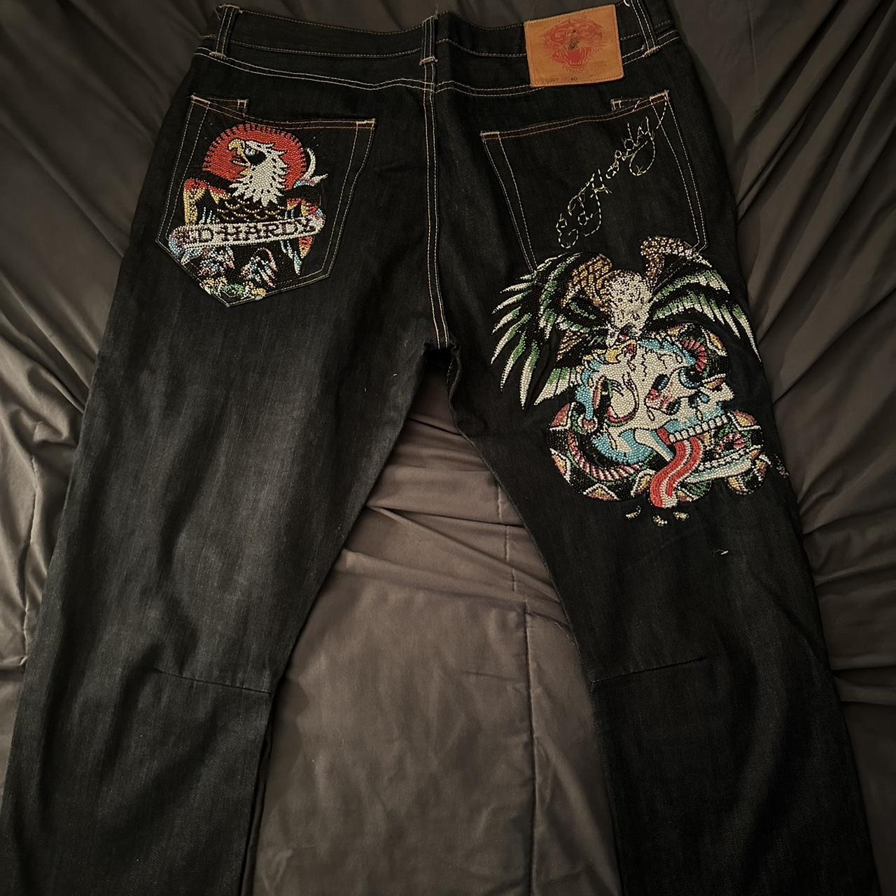 Vintage Ed Hardy black and multi-coloured jeans with | Depop
