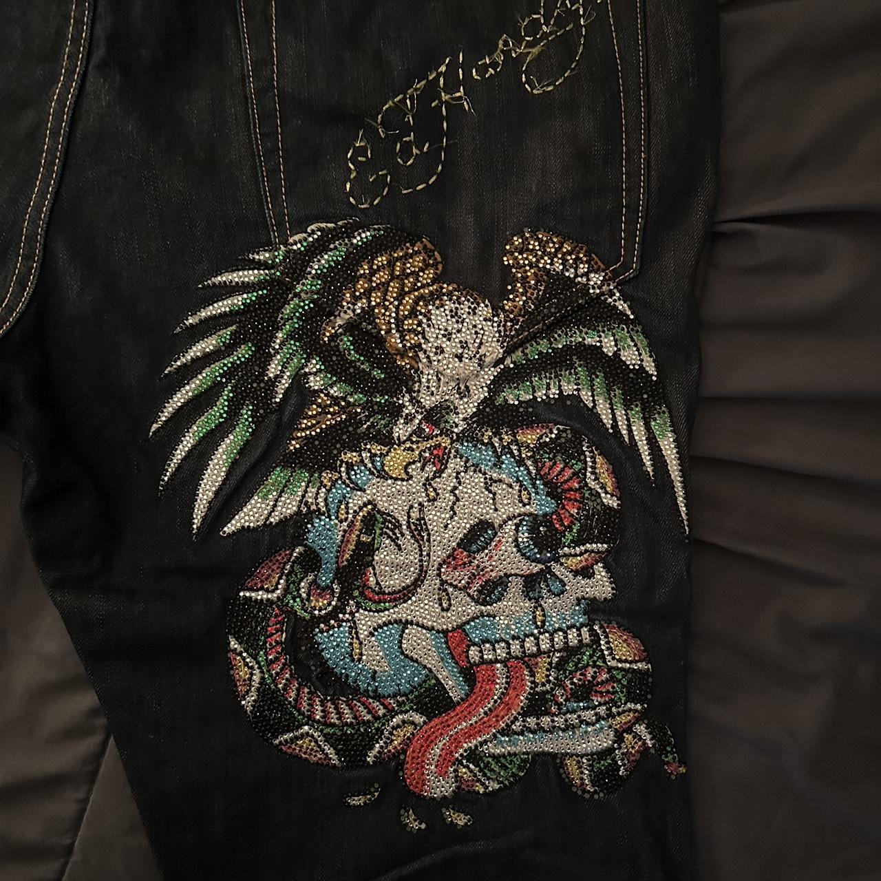 Vintage Ed Hardy black and multi-coloured jeans with | Depop Vintage Ed Hardy black and multi-coloured jeans with | Depop