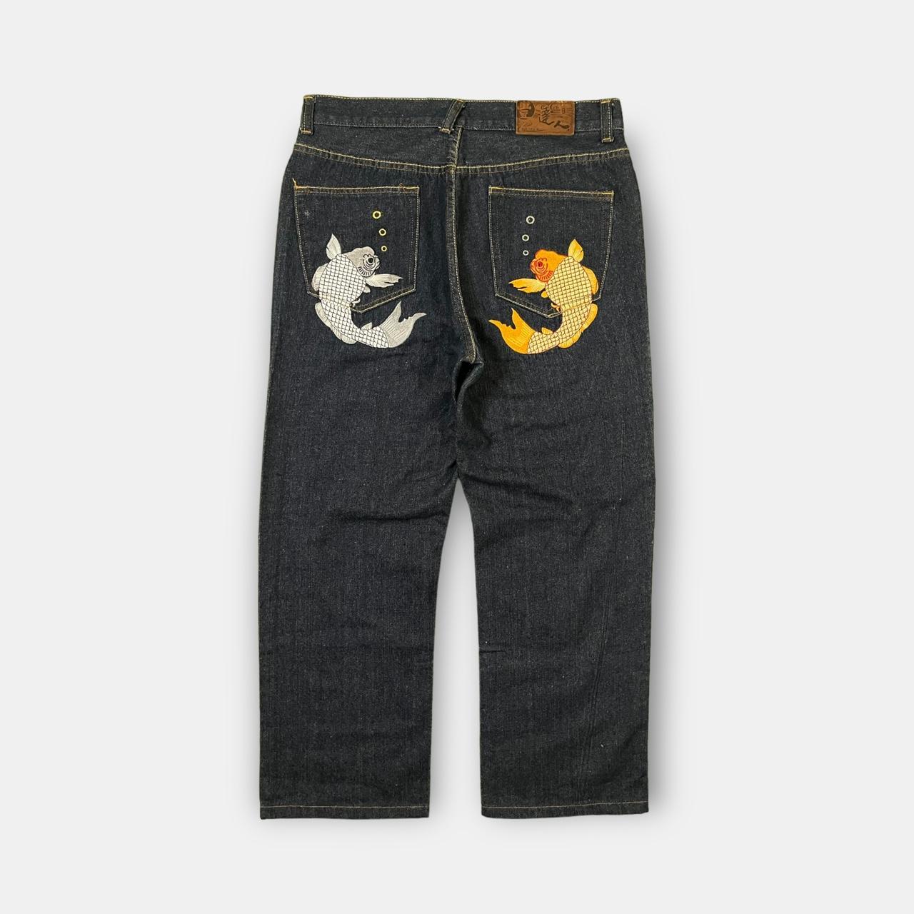 Japanese denim koi fish jeans • Fully embroidered... Depop