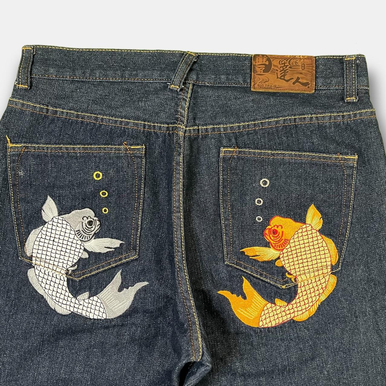 Japanese denim koi fish jeans • Fully embroidered... Depop