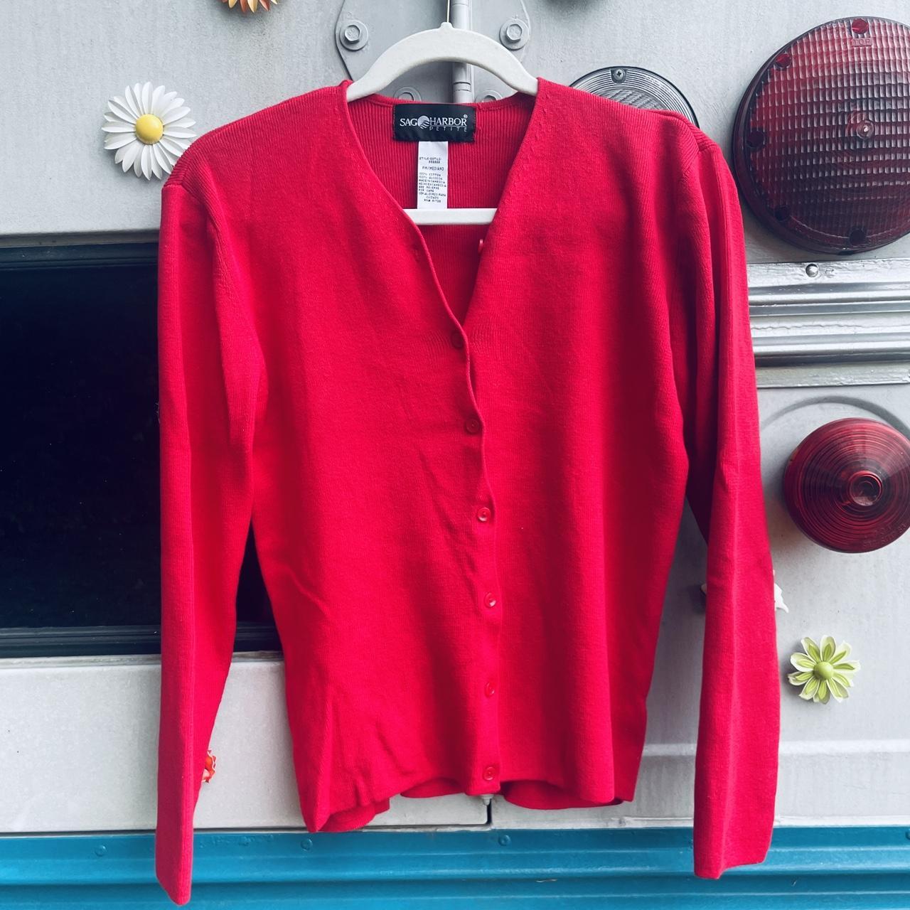 Vintage Red Cotton Knit Cardigan made by Sag Harbor... - Depop