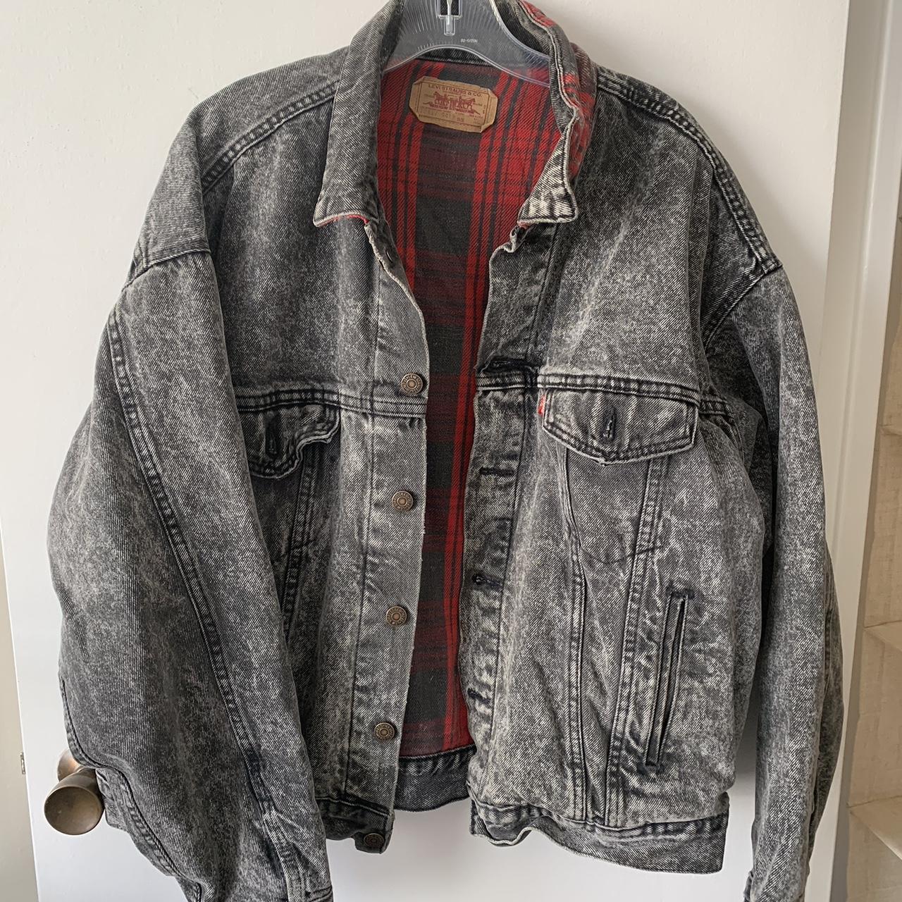 Levi’s denim jacket with flannel lining; paint stain... Depop