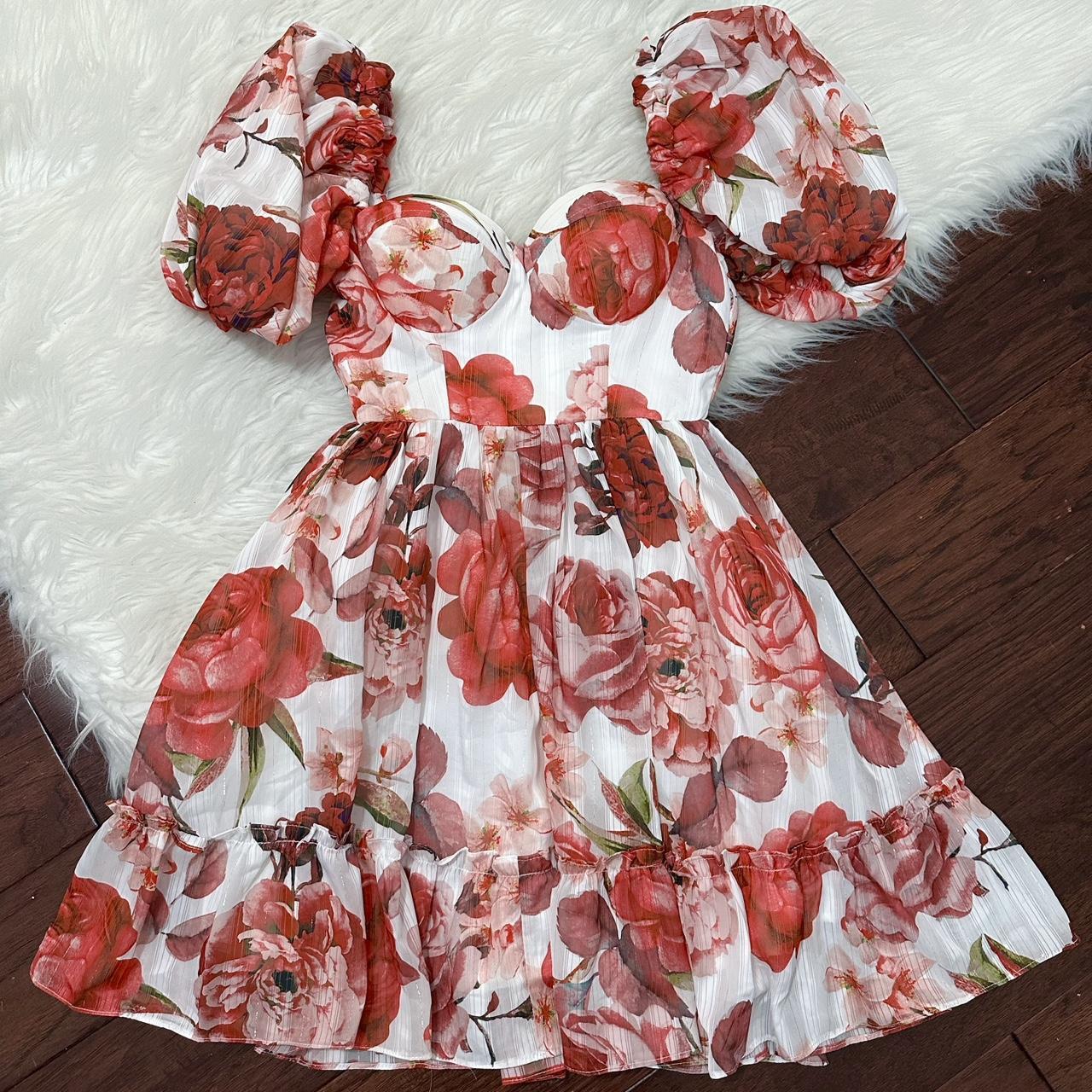 Floral puff sleeve mini dress size Small Waist under... - Depop