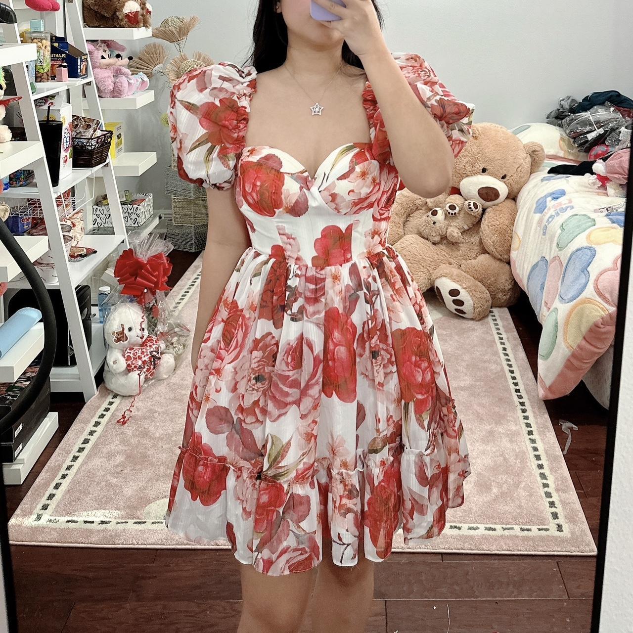 Floral puff sleeve mini dress size Small Waist under... - Depop